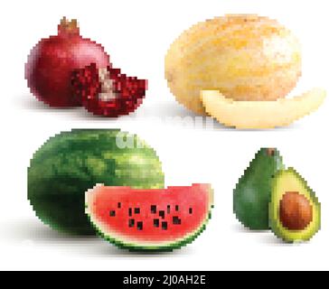 Realistisches Set von bunten ganzen und schneiden Früchte mit Granatapfel Melone Wassermelone und Avocado isoliert auf weißem Hintergrund Vektor-Illustration Stock Vektor
