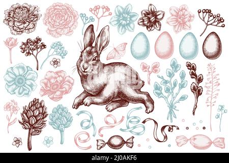 Handgezeichnete Vektor-Illustrationen zu Ostern Kollektion. Stilisiertes Kaninchen, Eier, Weidenzweige usw. Stock Vektor