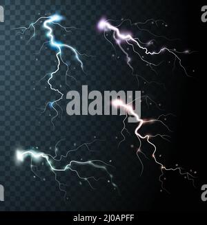 Gewitter realistische Elemente mit farbigen Blitzen Funken auf Schwarze halbtransparente Hintergrund isoliert Vektor-Illustration Stock Vektor