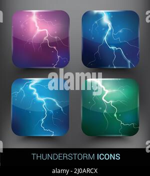 Realistische Gewitter Elemente mit hellen Blitzen auf bunt gerundet gesetzt Quadrate isolierte Vektordarstellung Stock Vektor