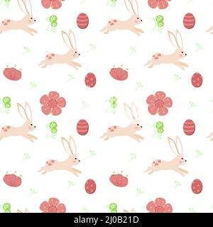 Nahtloses Muster aus Hasen, Blumen und Eiern, handbemalte Elemente. Hüpfende Hasen. Ostern. Feder. Blumen und Eier. Vektor im Cartoon-Stil. Flo Stock Vektor