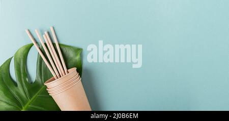 Umweltfreundliche Einweg-Utensilien aus Bastelpapier auf hellblauem Hintergrund. Trinkhalme, Pappbecher und großes grünes Blatt Stockfoto