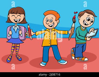 Cartoon-Illustration von Mädchen und Jungen im Elementaralter oder Teenageralter Schüler Charaktere Stock Vektor
