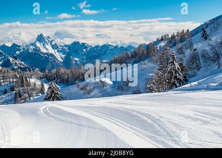 Auf dem Berg Zoncolan, Karnischen alpen nach einem großen Schneefall. Provinz Udine, Region Friaul-Julisch Venetien, Italien Stockfoto