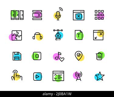 Einfache bunte geometrische Linie Kunst Symbole gesetzt. Server, Layouts, tippen, WiFi, Favorit, Diskette und andere. Pixelgenaue, bearbeitbare Kontur Stock Vektor