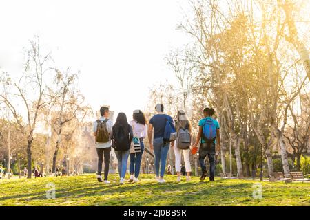 Rückansicht einer Reihe junger multiethnischer Studenten, die im Park zusammenlaufen Stockfoto