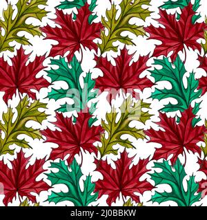 Nahtloses Muster mit Herbstfarben-Blättern in rot, grün, gelb. Aquarell nahtloser Hintergrund. Getrocknete Blätter in verschiedenen Formen und Farben. Stockfoto