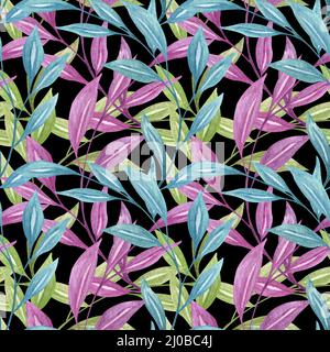 Nahtloses Blumenmuster. Verlässt den Stoffhintergrund. Große abstrakte Blumenzweige mit farbigen Blättern, handgezeichnet mit Aquarell. Stockfoto