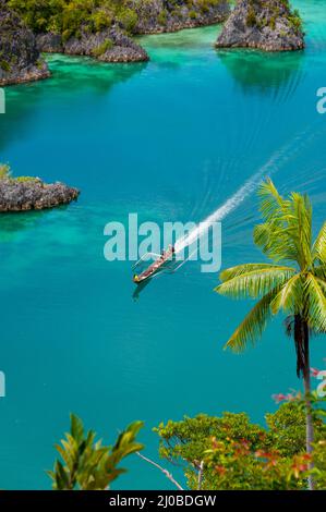 Boot Kreuzfahrt rund um kleine grüne Inseln gehören zu Fam-Insel im Meer von Raja Ampat, Papua-Neu-Guinea Stockfoto