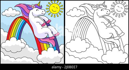 Einhorn Gleitet Über Die Regenbogen-Malseite Stock Vektor