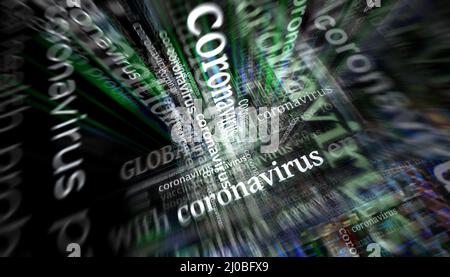 Schlagzeilen in internationalen Medien über die Coronavirus-Epidemie-Krise. Abstraktes Konzept der Internet-Nachrichten-Titel auf Bildschirmen ausgestrahlt 3D ill Stockfoto