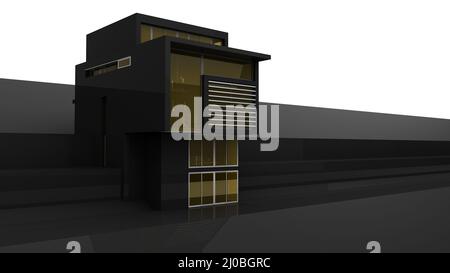 Hervorstehender Teil eines modernen Gebäudes in Schwarz. 3D Rendern Stockfoto