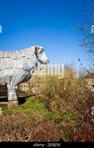 Halifax, West Yorkshire, Großbritannien. 17.. März 2022. Wetter in Großbritannien. In Halifax, West Yorkshire, Großbritannien, wurde ein Frost über Nacht zu einem wunderschönen blauen Himmel.Dean Clough in Halifax ist eine Gruppe von großen Fabrikgebäuden, die in den Jahren 1840s bis 60s für Crossley's Teppiche gebaut wurden und zu einer der größten Teppichfabriken der Welt wurden (eine halbe Meile lang mit 1.250.000 Quadratfuß (116.000 m2) Der Fläche). Die Widder-Skulptur besteht aus Aluminiumstreifen und wurde von Frank Darnley modelliert. Es ist eine von zwei Skulpturen von ihm außerhalb der Mühle gemacht. ''RAM' und 'Phoenix' c. 1994/5 (ca. 8m bzw. 9m hoch. Kredit: Windmi Stockfoto