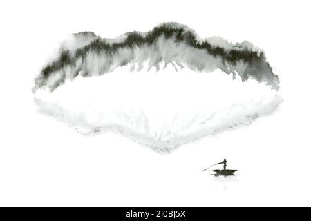 Japanische sumi schwarze Landschaft abstrakt, Berg und See, natürliche Grunge Aquarell Hintergrund, Tinte Kunst, Illustration Stockfoto
