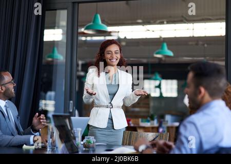 Das ist also der Plan. Alle Gedanken. Eine kleine Aufnahme einer attraktiven jungen Geschäftsfrau, die sich im Sitzungssaal an ihre Kollegen wendet. Stockfoto