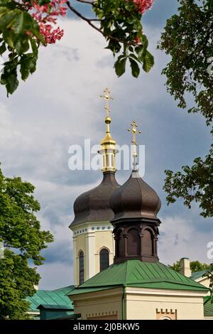 Kloster der Heiligen Dreifaltigkeit von St. Jonas des 19.. Jahrhunderts in Kiew unter den blühenden Kastanienbäumen Stockfoto