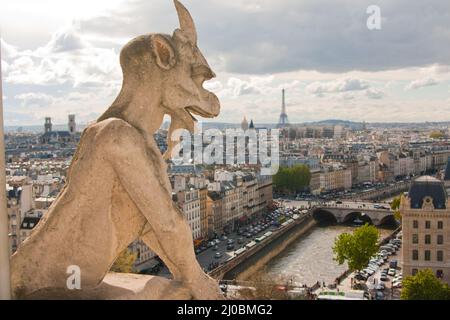 Wasserspeier an der Kathedrale Notre Dame und der Stadt Paris aus nächster Nähe, Frankreich Stockfoto