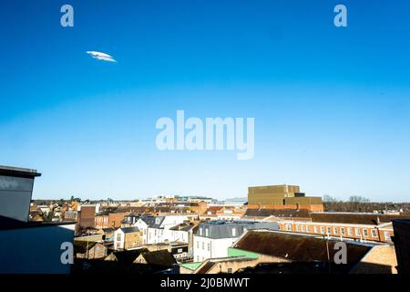 Epsom Surrey London, Großbritannien, März 17 2022, Luftaufnahme Epsom Town Centre Stockfoto