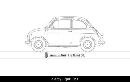 Italien, Jahr 1957, Nuova Fiat 500 beliebtes Auto, Illustration skizziert Stockfoto