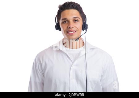 Junger Mann mit Headset, Telefonagent im Callcenter, porträtiert Geschäftsausschnitte Stockfoto