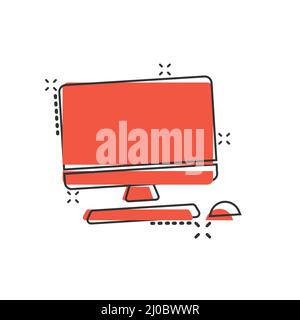 PC im Comic-Stil. Desktop-pc Cartoon-Vektor-Illustration auf isolierten Hintergrund. Monitor-Display Splash-Effekt Zeichen Geschäftskonzept. Stock Vektor