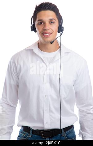 Junger Mann mit Headset, Telefon, Call Center, Büromitarbeiterausschnitten Stockfoto
