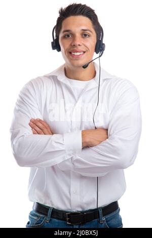 Junger Mann mit Headset lachend Telefon Call Center Agenten Business Clippings Stockfoto