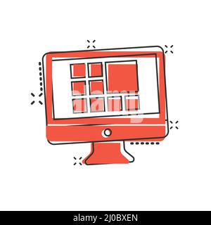 PC im Comic-Stil. Desktop-pc Cartoon-Vektor-Illustration auf isolierten Hintergrund. Monitor-Display Splash-Effekt Zeichen Geschäftskonzept. Stock Vektor