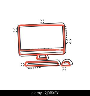 PC im Comic-Stil. Desktop-pc Cartoon-Vektor-Illustration auf isolierten Hintergrund. Monitor-Display Splash-Effekt Zeichen Geschäftskonzept. Stock Vektor