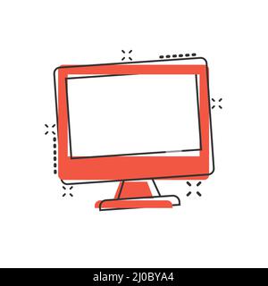 PC im Comic-Stil. Desktop-pc Cartoon-Vektor-Illustration auf isolierten Hintergrund. Monitor-Display Splash-Effekt Zeichen Geschäftskonzept. Stock Vektor