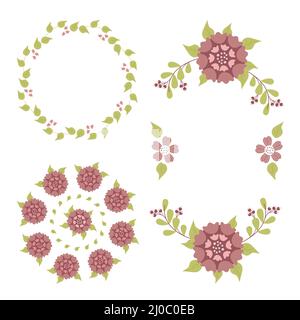 Vektor-Set von Kränzen mit Blumen, Kräutern, Blättern, Zweigen und blühenden Pflanzen. Isoliert auf weißem Hintergrund. Florale Illustration zum Erstellen Stock Vektor