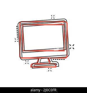 PC im Comic-Stil. Desktop-pc Cartoon-Vektor-Illustration auf isolierten Hintergrund. Monitor-Display Splash-Effekt Zeichen Geschäftskonzept. Stock Vektor