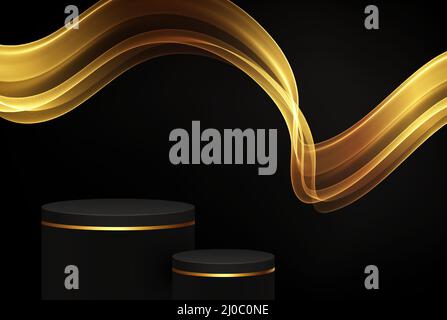 Luxuriöses Podium in Schwarz und Gold, Bühne mit goldenem Glitzer und abstrakter, transparenter Welle in Gold, dunkler Raum. Demo-Werbeartikel. Stock Vektor