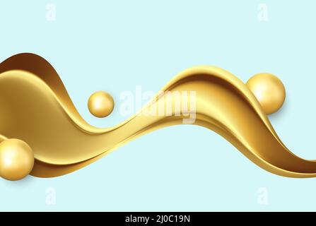 Goldene Welle mit goldenen Kugeln auf einem hellen Hintergrund.Abstrakter Wellenhintergrund. Stock Vektor