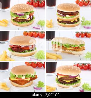 Hamburger Collection – Collage Cheeseburger-Menü – Getränk Stockfoto