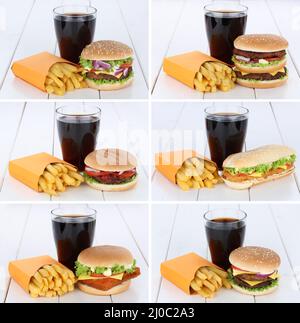 Hamburger Collection Collage Cheeseburger Menu Pommes Cola Stockfoto