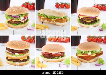 Hamburger Collection Collage Cheeseburger Burger Cola-Getränk Stockfoto