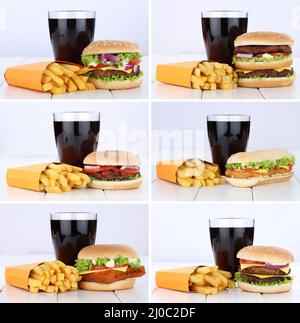 Hamburger Collection Collage Cheeseburger Menu Pommes Coladrink Ungesunde Speisen Stockfoto