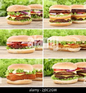 Hamburger Sammlung Collage Cheeseburger frischen Burger Käse Tomaten Stockfoto
