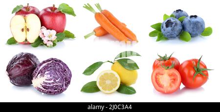 Obst und Gemüse Obst Apfel Karotten Tomaten Beeren frisch Collage freigestellt isoliert Stockfoto