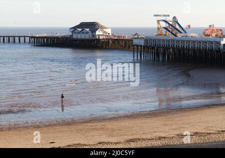 Strand bei Clacton-on-Sea, Essex, mit Blick auf den letzten Teil des Piers. Jemand hält an, um ein Foto zu machen Stockfoto