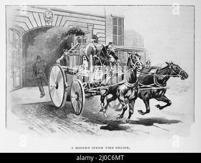 American Horse-Drawn Steam Fire Engine der 1890s; Schwarz-Weiß-Illustration; Stockfoto
