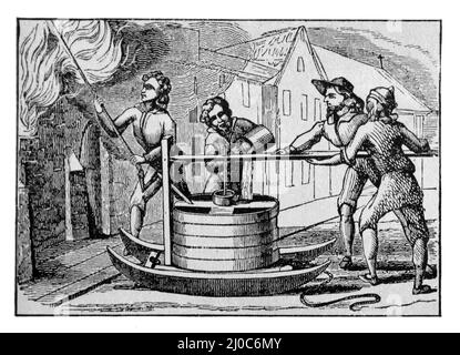 Eine deutsche Sprinklerpumpe von 1615: Schwarz-Weiß-Illustration; Stockfoto