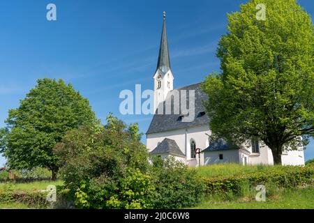 Die Kirche St. Johannes Baptist von Mehring in der Gemeinde Teisendorf - ein stark landwirtschaftlich geprüftes Dorf, Berchtesgadener Land, Oberbayern Stockfoto