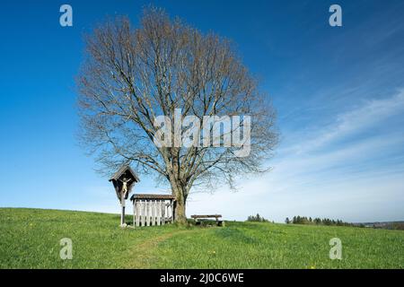 Wegkreuz mit Totenbrettern in der Nähe von Brunnmeister in der Gemeinde Teisendorf, Oberbayern Stockfoto