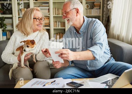 Ein paar Senioren machen Buchhaltung und Steuererklärung zusammen zu Hause im Internet am Computer Stockfoto