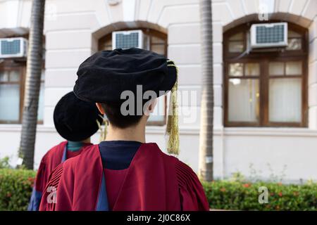 Zwei glückliche stolze Doktoranden graduierten männliche Studenten in akademischem Kleid. Rückansicht Stockfoto