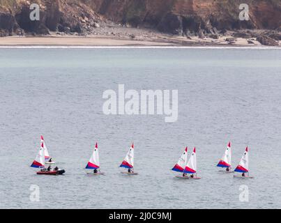 Crosshaven, Cork, Irland. 18.. März 2022. Topper Klasse Schlauchboote aus dem Royal Cork Yacht Club für einen Nachmittag Segeln auf einem warmen Bankurlaub in Cork Hafen, Irland. - Credit; David Creedon / Alamy Live News Stockfoto