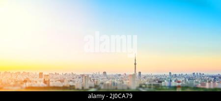 Geschäfts- und Kulturkonzept - Panoramablick auf die moderne Skyline der Stadt aus der Vogelperspektive mit dem tokyo skytree unter dramatischem Sonnenuntergang Stockfoto