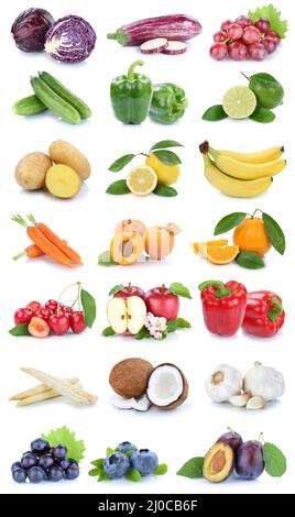 Obst und Gemüse Obst Apfel orange Farben frische Collage Karotten Beeren isoliert ausgenommen Stockfoto